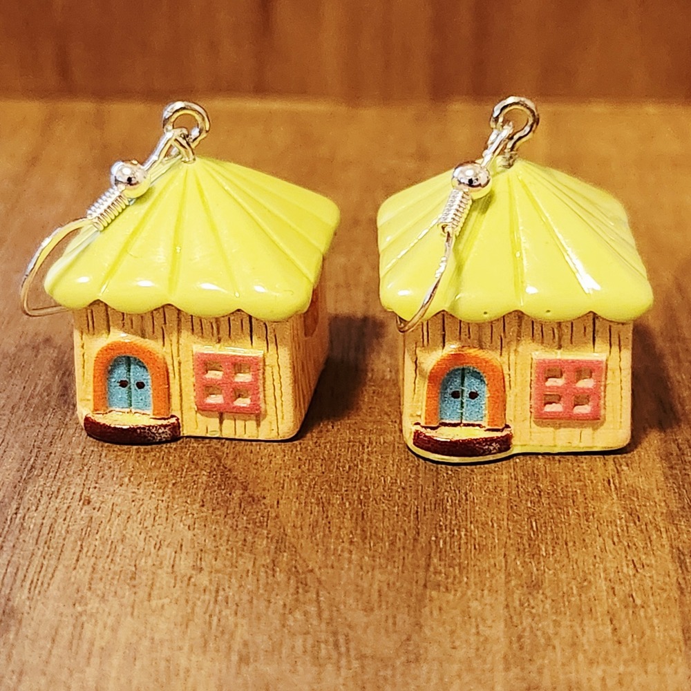 Whimsical Cottage House 3D Drop Earrings Lime Green Tan Resin Novelty Jewelry